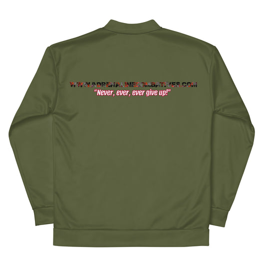 Unisex Bomber Jacket - Adrenaline Combatives - Quote: “Never, ever, ever give up!”